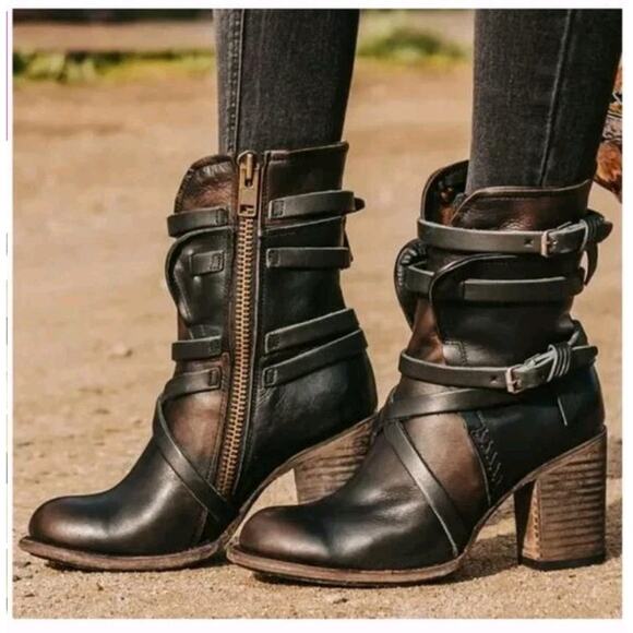 Freebird by Steven Shoes - Freebird By Steven Baker Leather Strappy Brown Black Distressed Boots US7